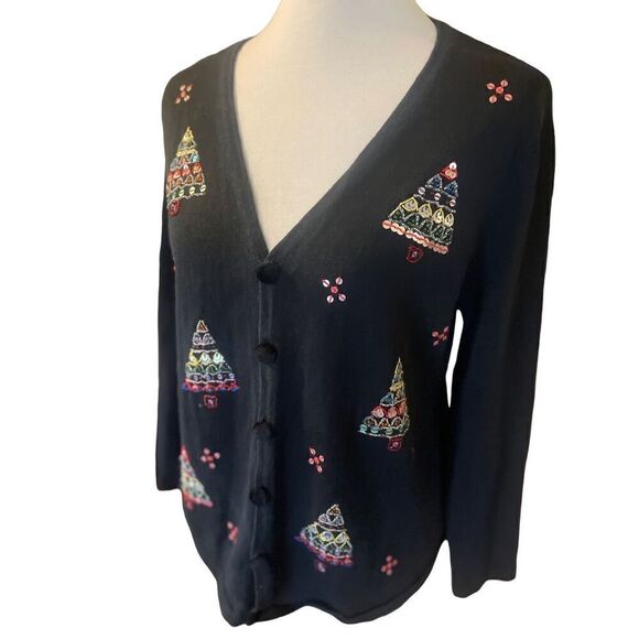 Mercer Street Studio Hand Embroidered Christmas Vintage Black Button Down Cardig - Picture 6 of 11